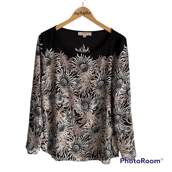 Loft Black and Cream Semi Sheer Floral Roll Tab Sleeve Career Ladies Blouse, M - Picture 1 of 8